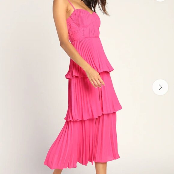 💖🌸 Lulus Cascading Crush Hot Pink Tiered Midi Dress 🌸💖 - Picture 9 of 11